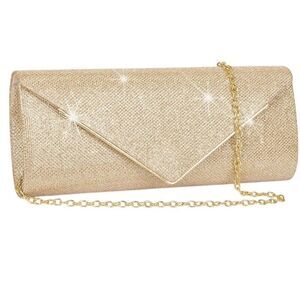 Gold Sparkling Envelope Evening Bag with Detachable Chain Strap 2 Pcs